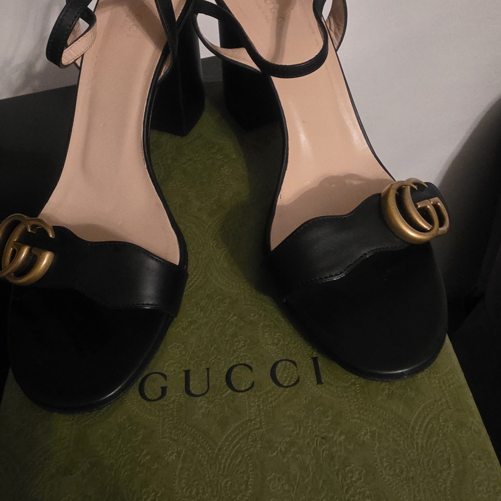 Gucci Black Leather Double-G Block Heel Sandals